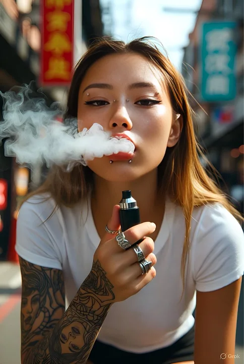 Une fille tatouée fumant dans les ruelles de Tokyo sous le soleil
