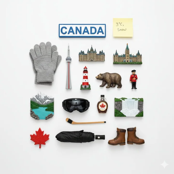 Nolli-style flat layout of city landmark fridge magnets and weather stickers