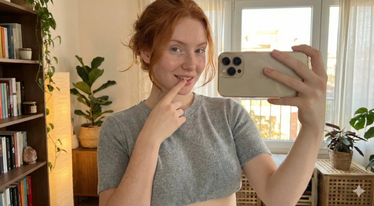 Fillette aux cheveux rouges souriante, prenant une selfie avec ses doigts à la maison