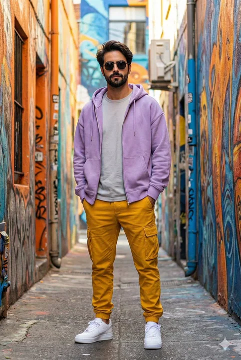 Fashionable male street photography in high resolution, neon city alleyways