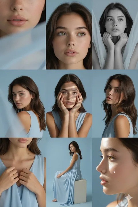 Photographie studio en tons doux de rose et bleu dans un maillage 3x3