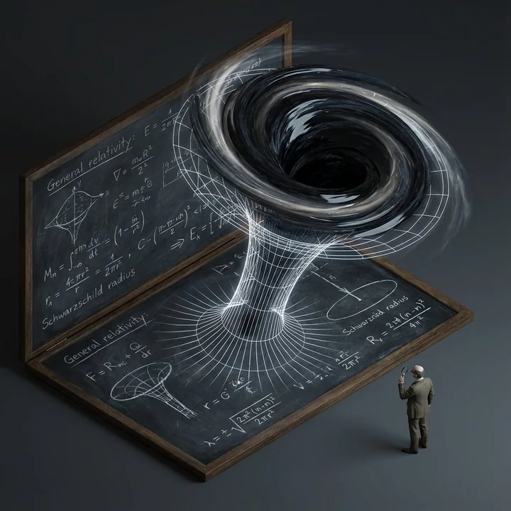 Chalk formulas rise on the blackboard, transforming into a black hole spectacle.