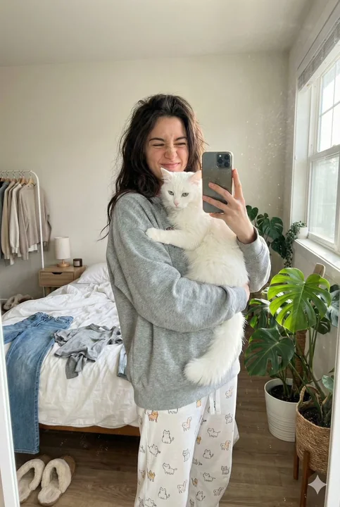 فتاة لطيفة تأخذ صورة ذاتية أمام المرآة وهي تحمل قطة بيضاء كبيرة في فجر مشرق