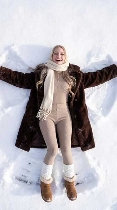 Happy snow angels with chocolate-colored fur in the sunlight