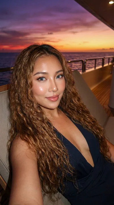Yacht in the golden glow of sunset, the perfect Korean goddess.