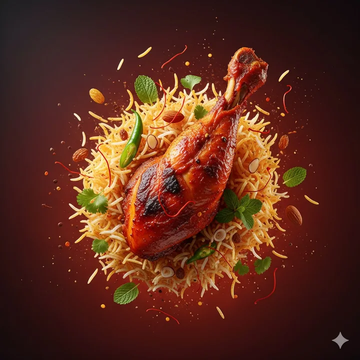 Riz indien au poulet épicé avec effet visuel d'explosion suspendue