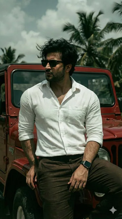 Un homme stylé au look de film, accompagné d'une jeep rouge.