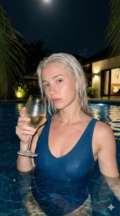 Movie-style realism of a slightly tipsy beauty by the moonlit poolside