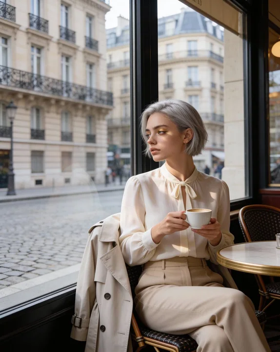 Elegant silver-haired girl at the window of a Parisian café