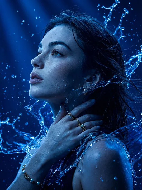 Hyper-realistic movie-level profile surrounded by electric blue liquid energy