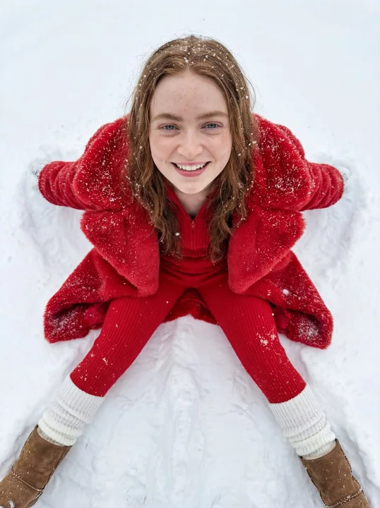 雪地中的红衣少女灿烂笑容超写实微距摄影
