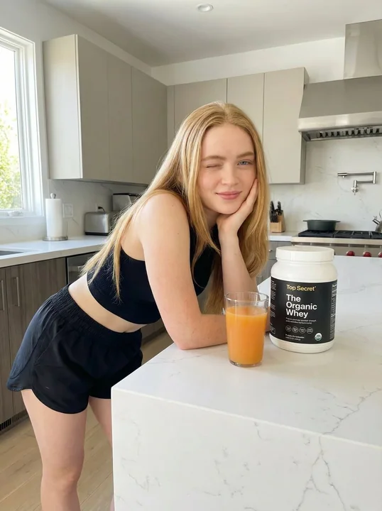 Blonde fitness girl with confidence and a playful attitude in a sunny kitchen