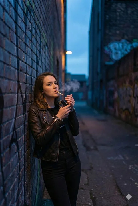L'instant où la jeune femme en cuir allume une cigarette dans les ruelles sombres du crépuscule