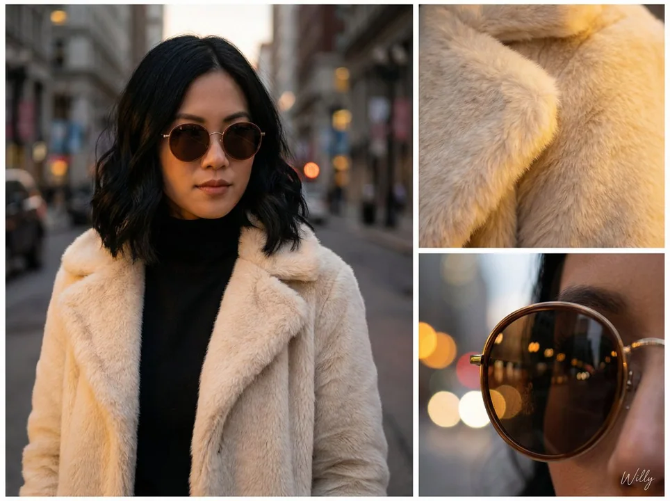 Visage Eurasien Manteau en fourrure Lunettes de soleil Mode Street Style