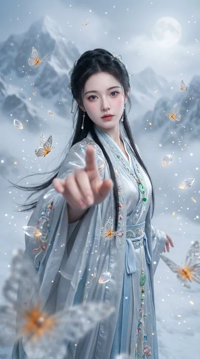 银蓝色汉服绝美仙姿伸手互动与灵蝶共舞