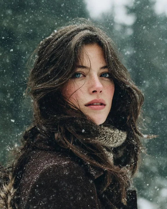 Fille de forêt aux allures cinématographiques se retournant dans une tempête de neige