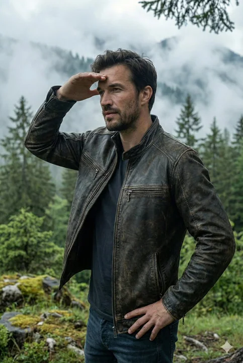 Portrait d'un explorateur dur et têtu en cuir dans la steppe brouillée