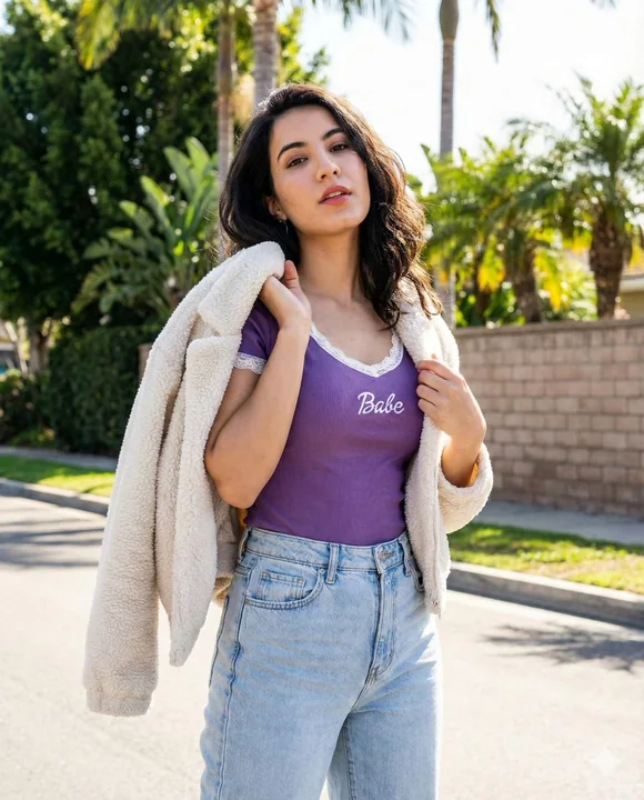 Confident girl in a purple shirt under a palm tree in the sunlight