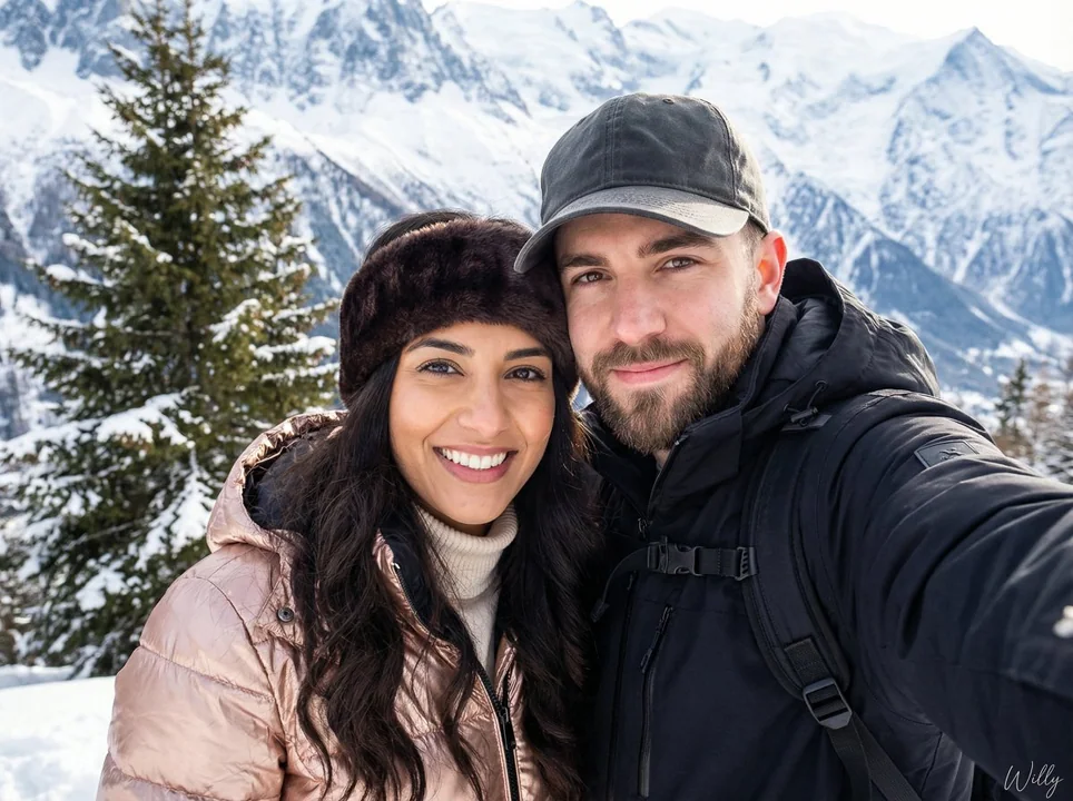 Autoportrait HD d'un couple amoureux au sommet d'une montagne enneigée