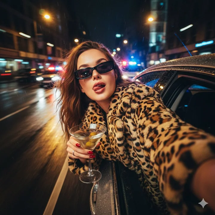 Autoportrait de beauté chaotique d'une femme en fourrure léopard fuyant dans la nuit pluvieuse