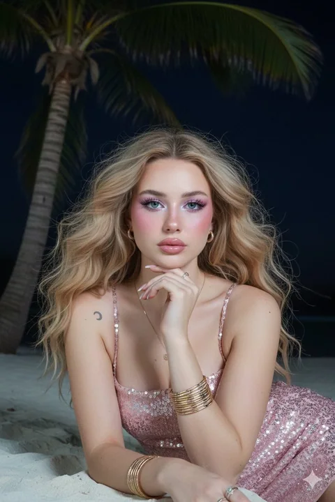 夜の海辺の雰囲気を感じさせるストロベリーゴールドの髪の美女