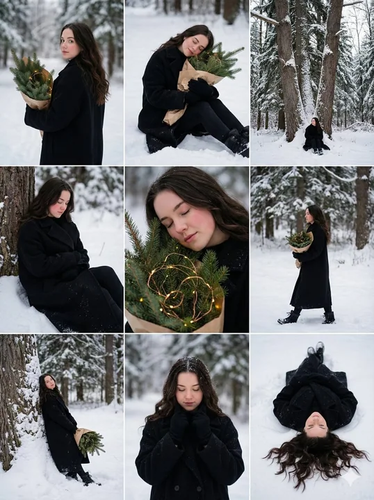 雪林光影:黑衣少女的静谧冬日叙事
