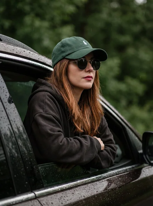 صورة فتاة ذات جودة سينمائية تتأمل من النافذة بينما تتساقط الأمطار