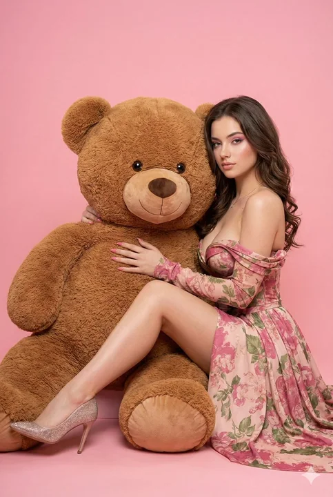 Mannequin portant un énorme ours en peluche dans un studio rose