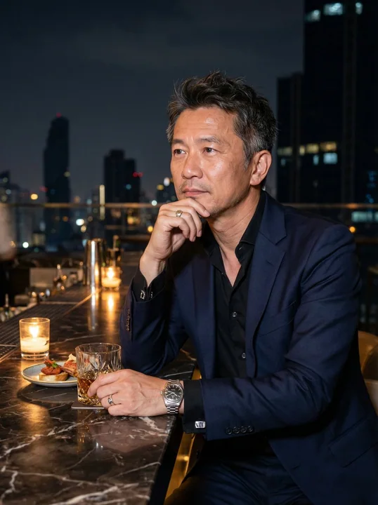 都会夜景下的沉思:超写实风格的中年绅士商务肖像