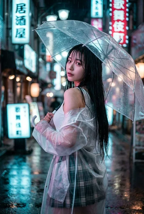 霓虹雨夜涩谷街头回眸的绝美少女