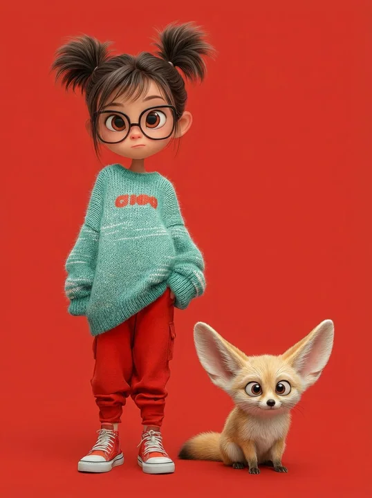 ピクススタイルの赤い服を着た女の子と、肩にいるかわいらしいキツネ