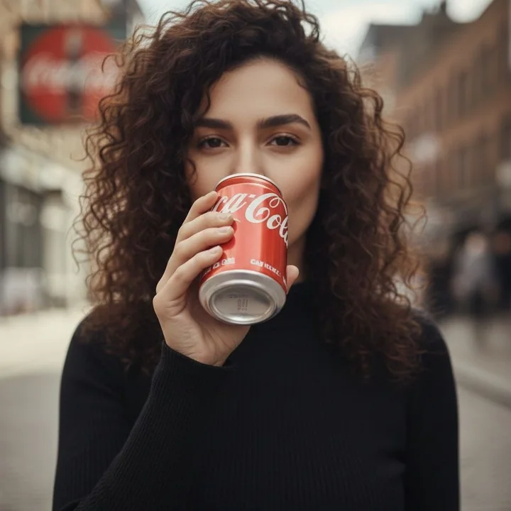 Femme stylée tenant une canette de soda rouge sur les rues de la ville, ambiance film