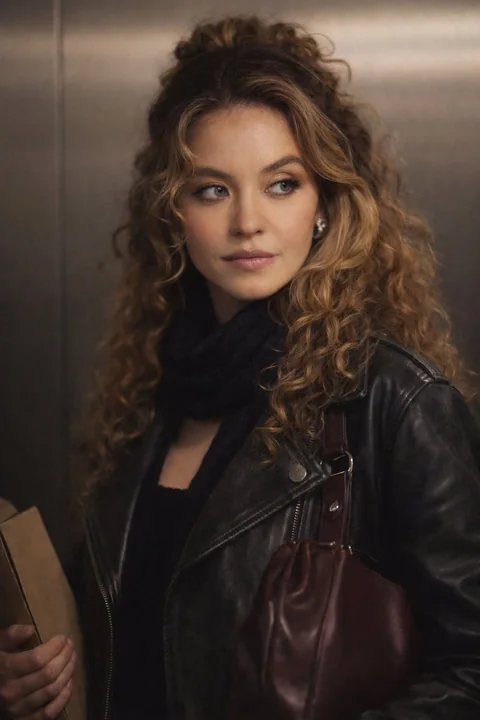 映画の光と影の中で、巻き髪のレザージャケットを着た少女の質感ポートレート