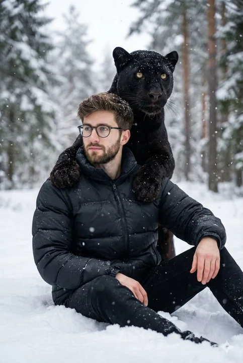 L'instant choquant de l'homme au léopard noir sous la neige tombant du ciel