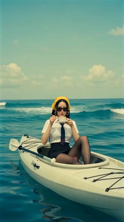 Elegant retro girl elegantly repelling a shark on a canoe