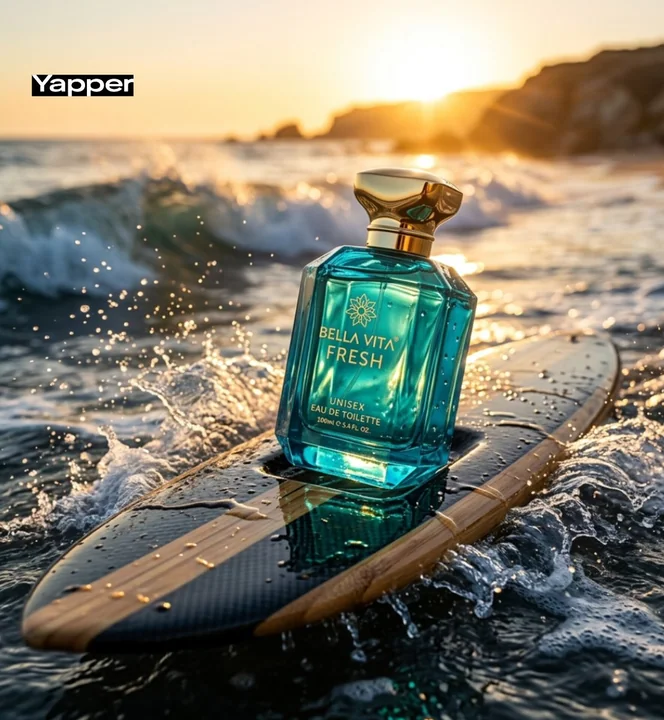 Parfum de luxe sur une planche de surf sous un coucher de soleil doré