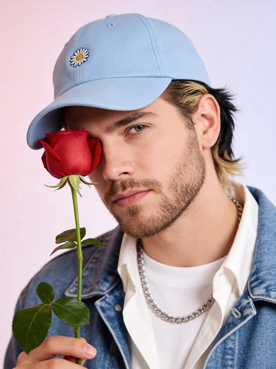 Soft and beautiful fashion portrait of a young boy with roses covering his eyes