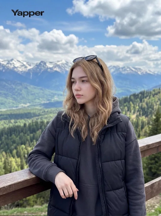 A fresh young girl looking out over the snowy mountains wearing a down vest