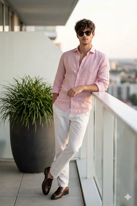 Grand shooting mode élégant d'un homme confiant sur une terrasse luxueuse sous un coucher de soleil doré