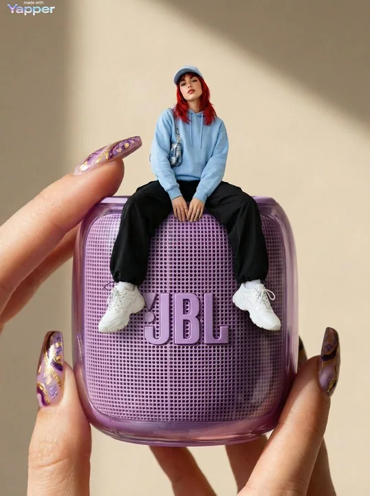 La mode miniature sur les doigts : une fille à la mode assise sur un gros enceinte