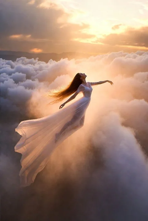 Une délicieuse fée vêtue d'un voile de brume, au milieu du crépuscule et des nuages.