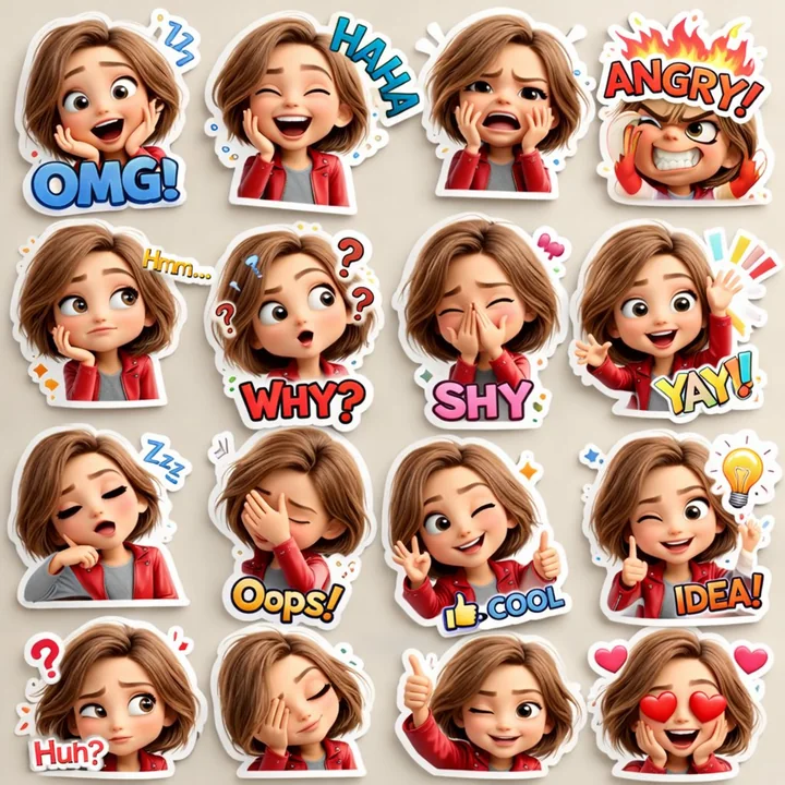 ピクス風3Dかわいい妹の顔文字ステッカーデザイン