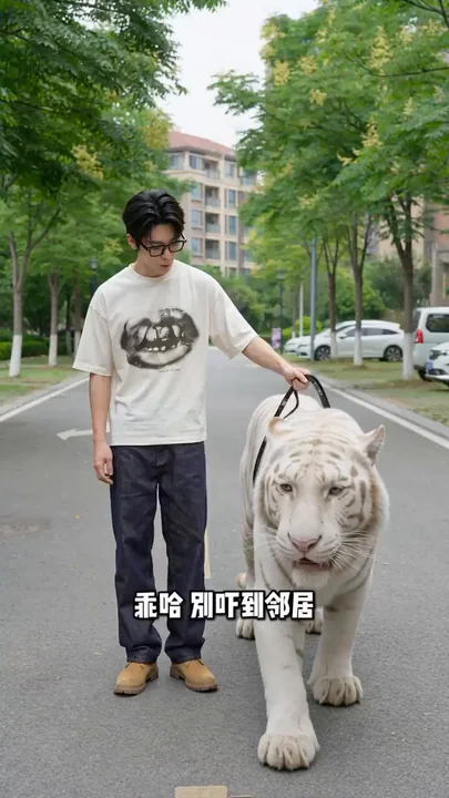 Le contraste mignon du tigre blanc sauvage effrayé par le petit chien Teddy