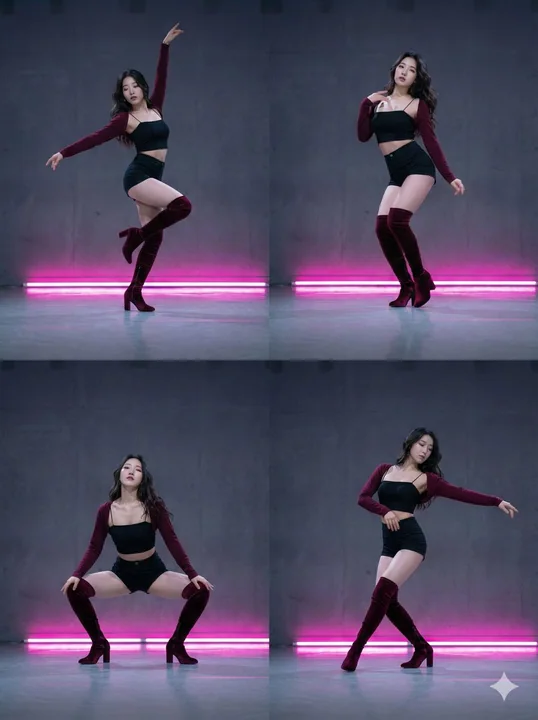 Four-panel character display with dynamic poses and unified style from multiple angles
