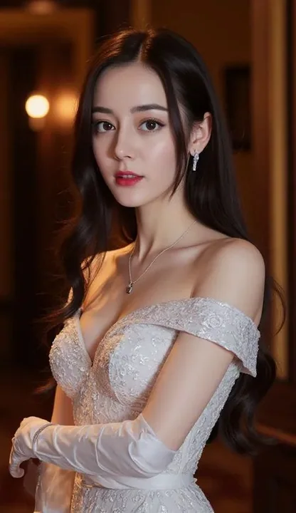 Une femme porte une robe de mariée en dentelle blanche décolletée.