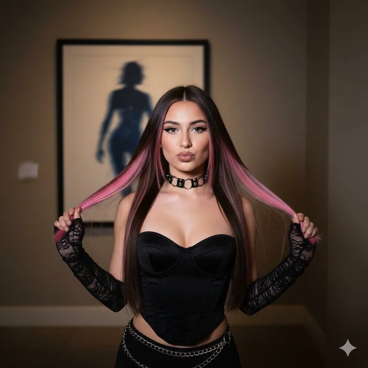 Y2K千禧辣妹粉棕挑染闪光灯人像