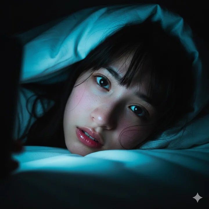 深夜被窝里手机蓝光下的心动特写