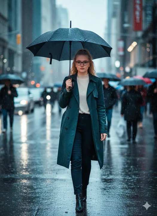 熙攘雨街上撑伞前行的优雅丽影