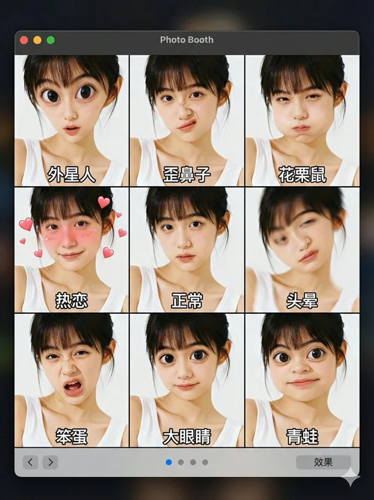 The application interface displays 9 different humorous effects.