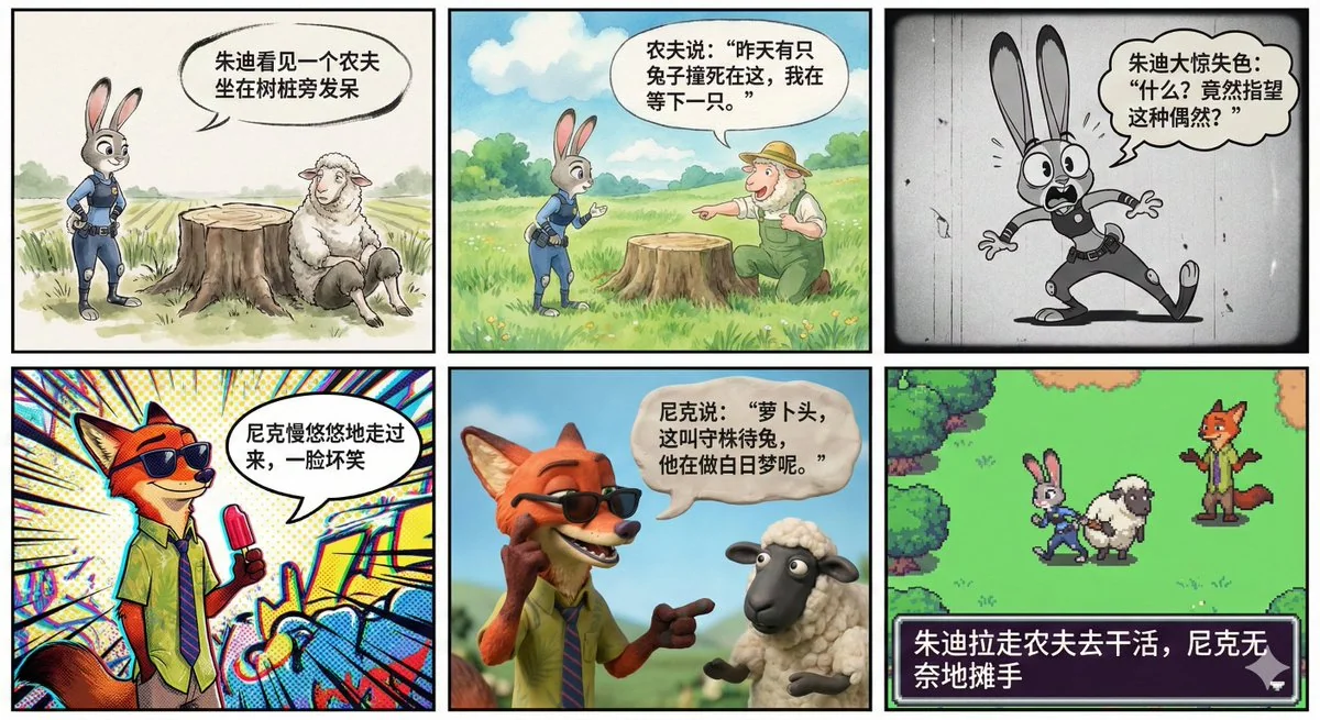 六格漫画每格的风格都不相同。